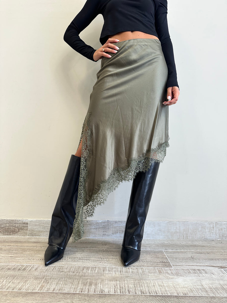 LMN gonna asimmetrica satin verde militare+pizzo