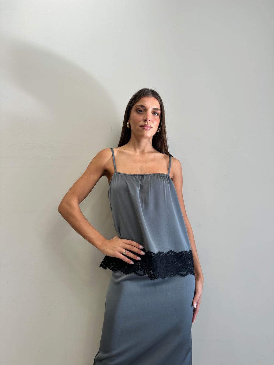 DIXIE Top satin grigio+pizzo nero