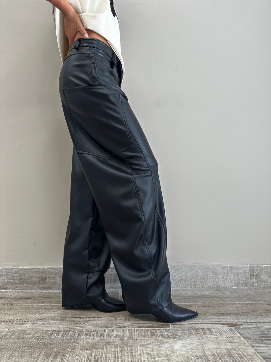 LMN Pantalone barrel ecopelle nero
