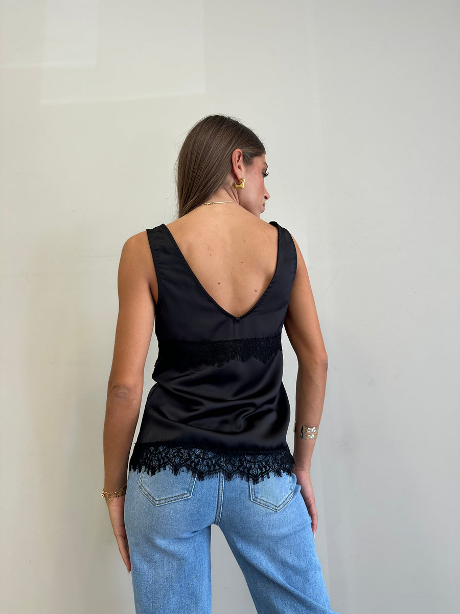 MOTEL Top satin pizzo nero