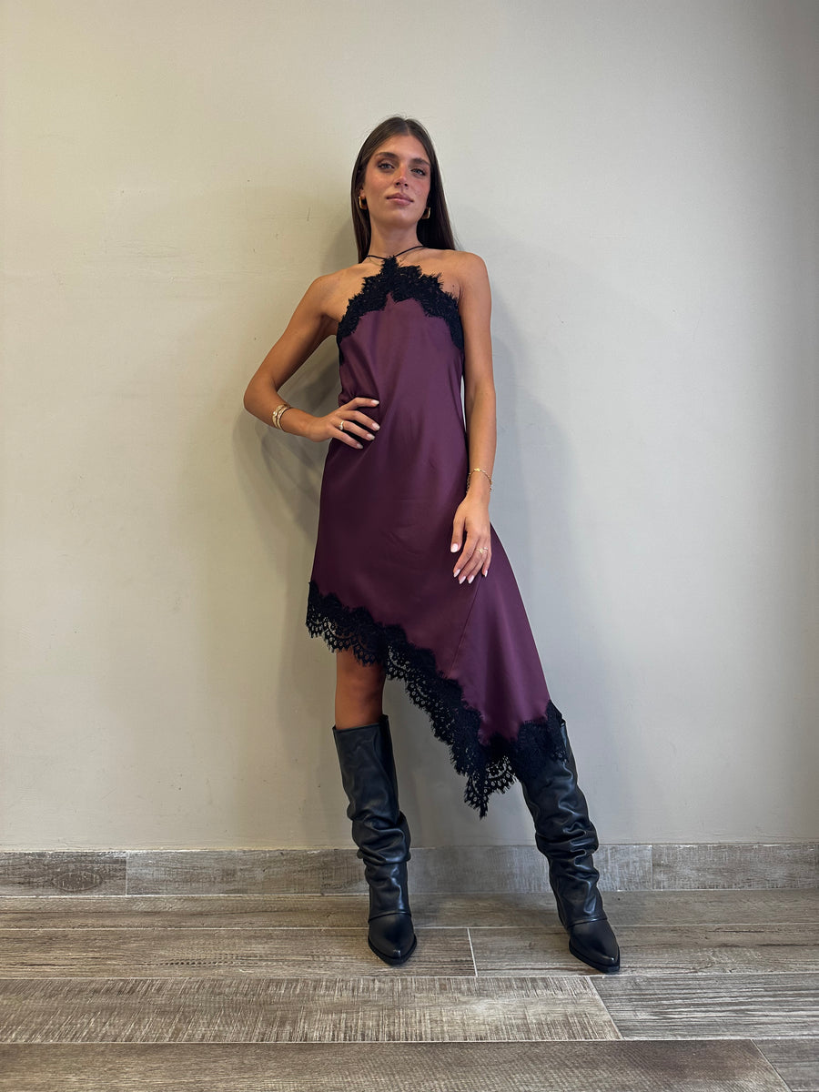 MOTEL Abito asimmetrico satin bordeaux+ pizzo