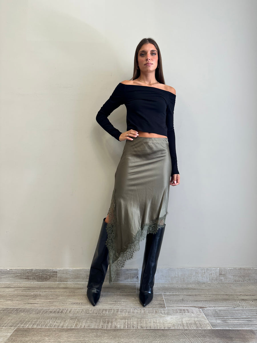 LMN gonna asimmetrica satin verde militare+pizzo