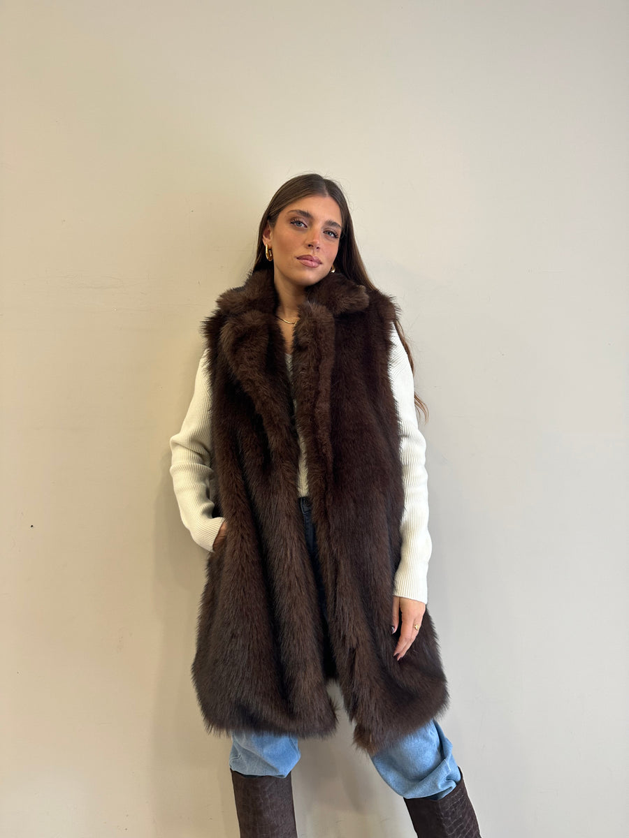 LE STREGHE Gilet lungo eco pelliccia moro