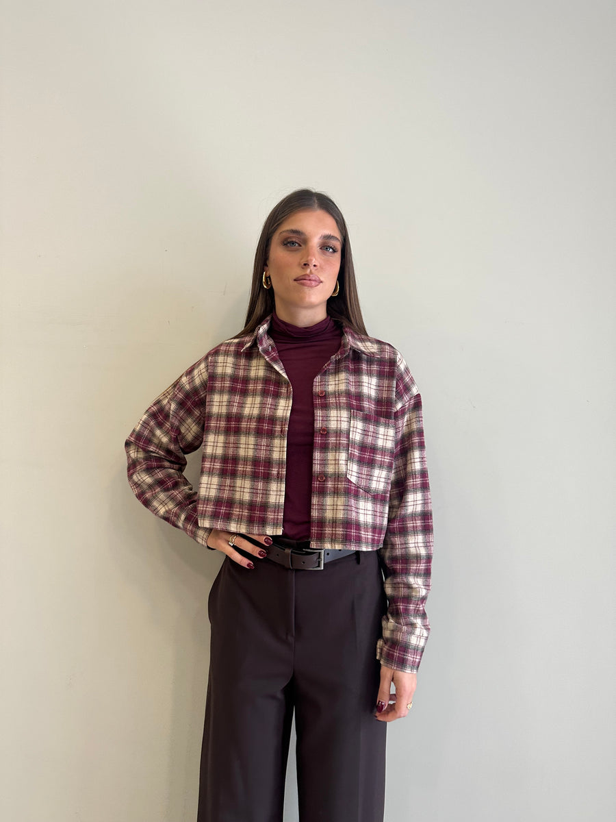 GIPSY INSIDE Camicia crop flanella quadri bordeaux/panna/verde