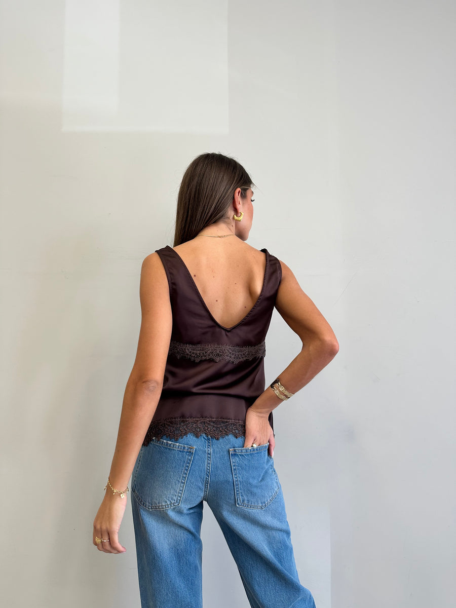 MOTEL Top satin pizzo moro