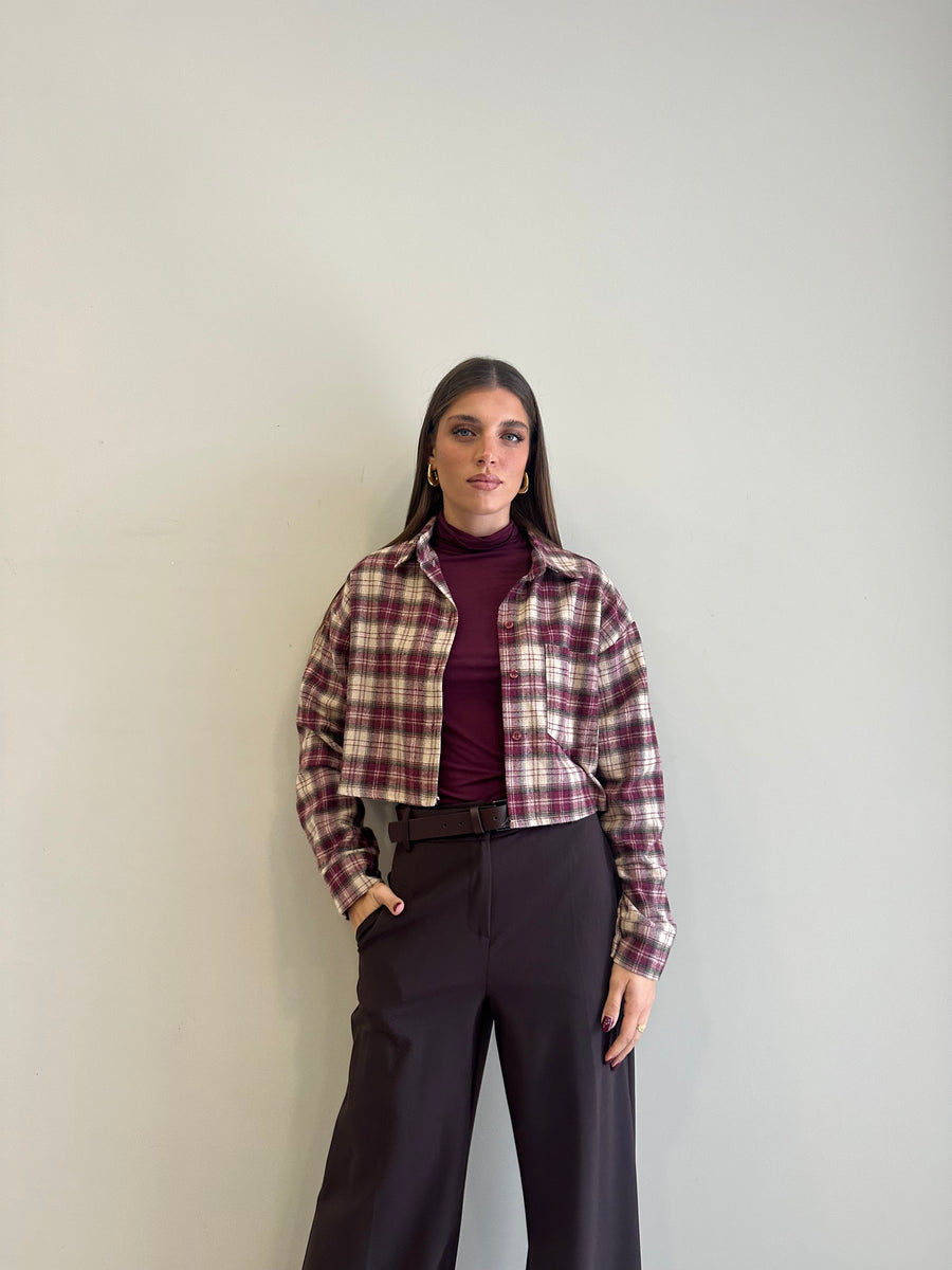 GIPSY INSIDE Camicia crop flanella quadri bordeaux/panna/verde