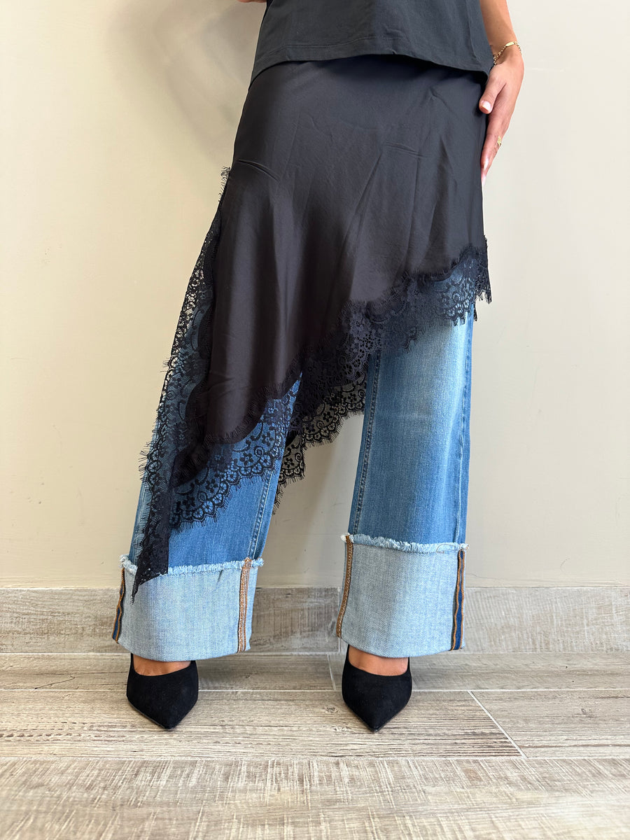 LMN gonna asimmetrica satin+pizzo nero