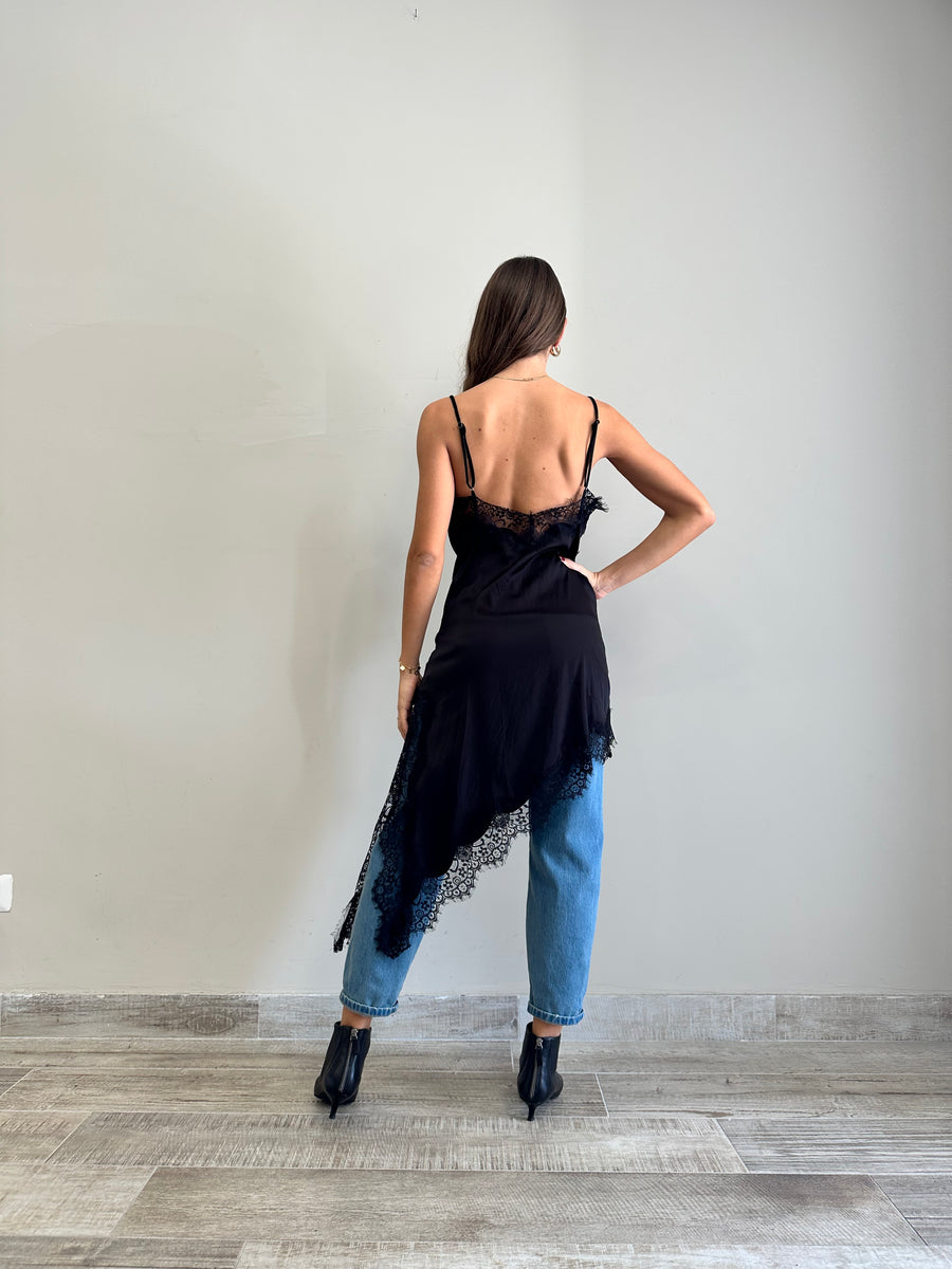 LMN Abito asimmetrico satin e pizzo nero