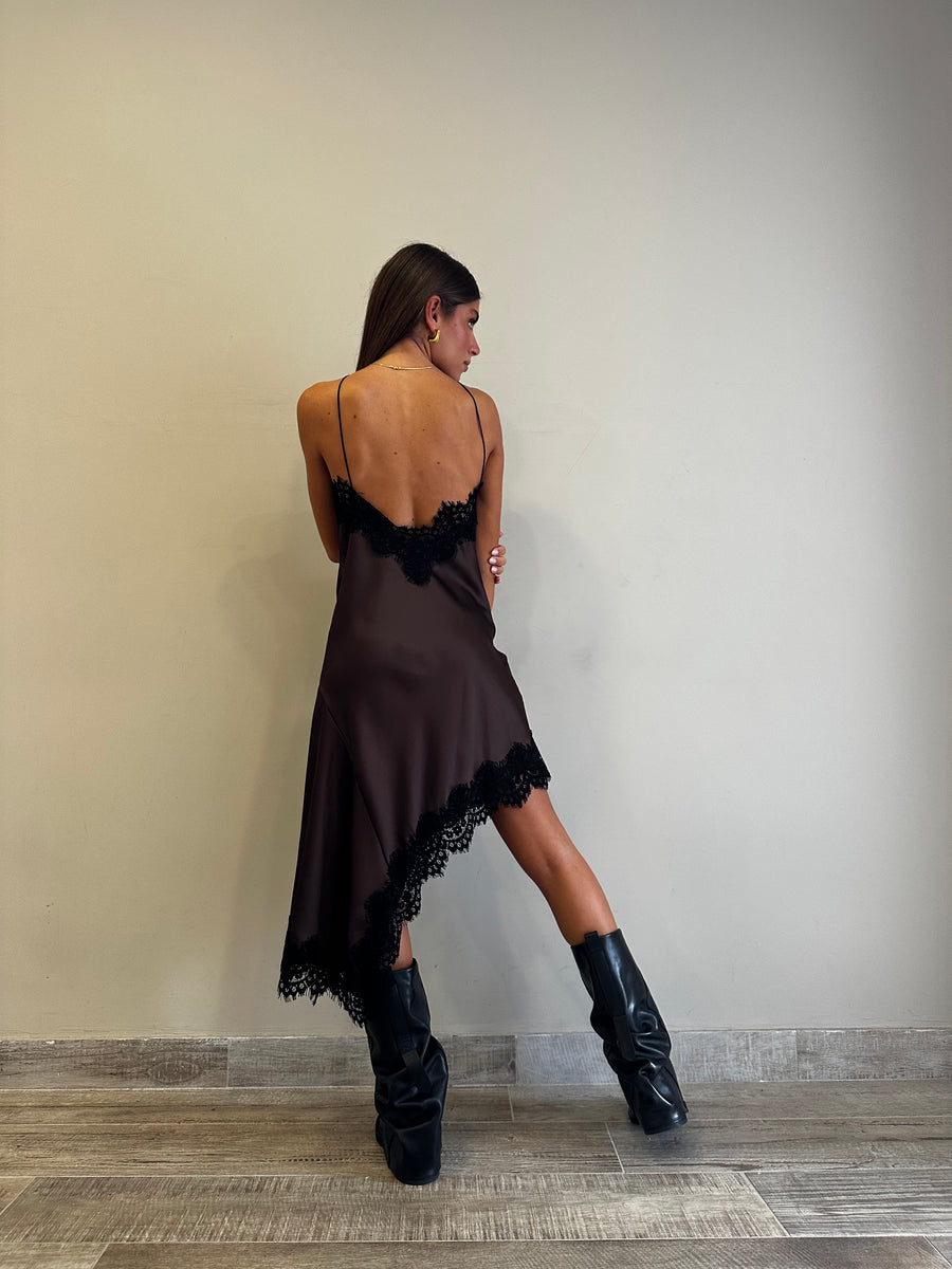 MOTEL abito asimmetrico satin moro+pizzo