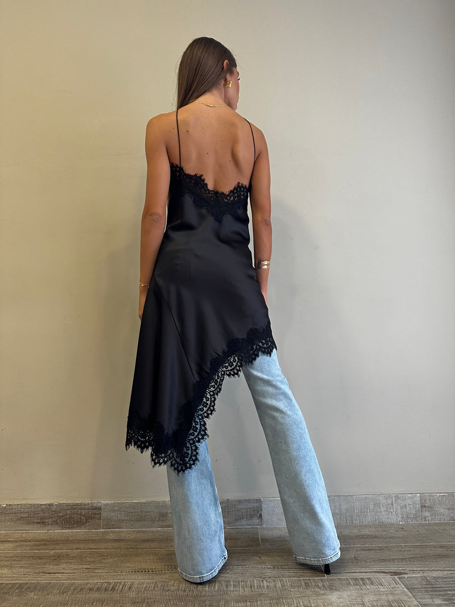 MOTEL Abito asimmetrico satin nero+pizzo