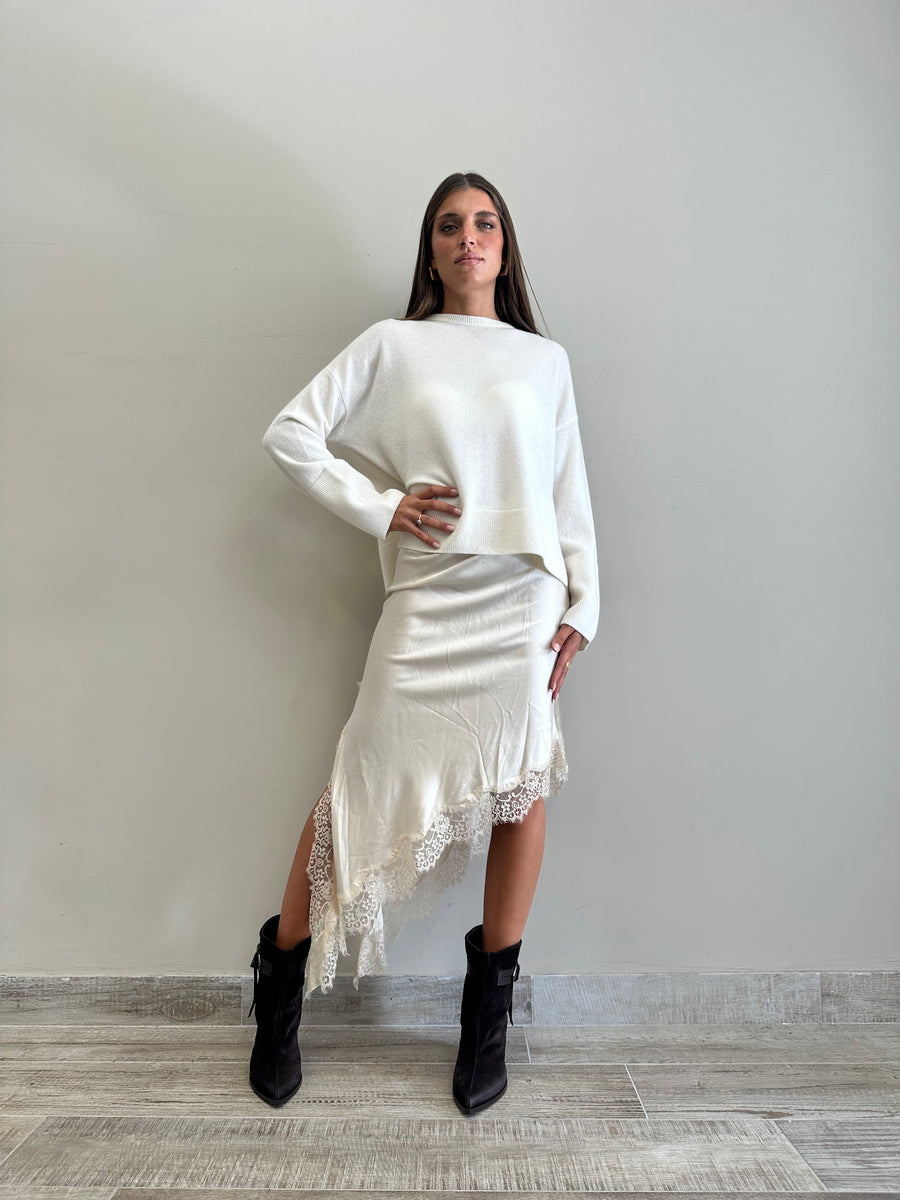 LMN gonna asimmetrica satin+pizzo burro