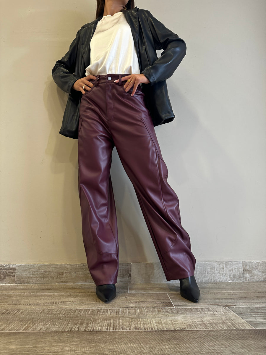 LMN Pantalone barrel ecopelle bordeaux