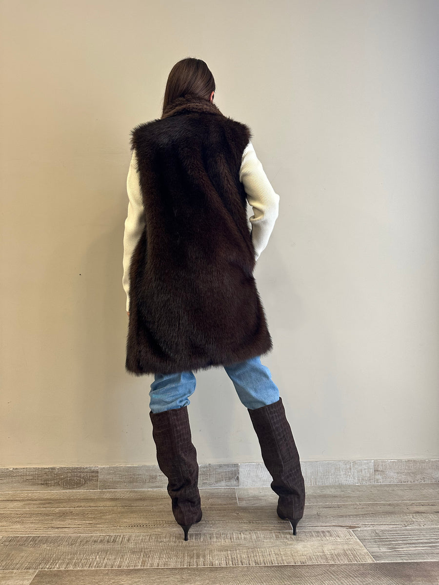 LE STREGHE Gilet lungo eco pelliccia moro