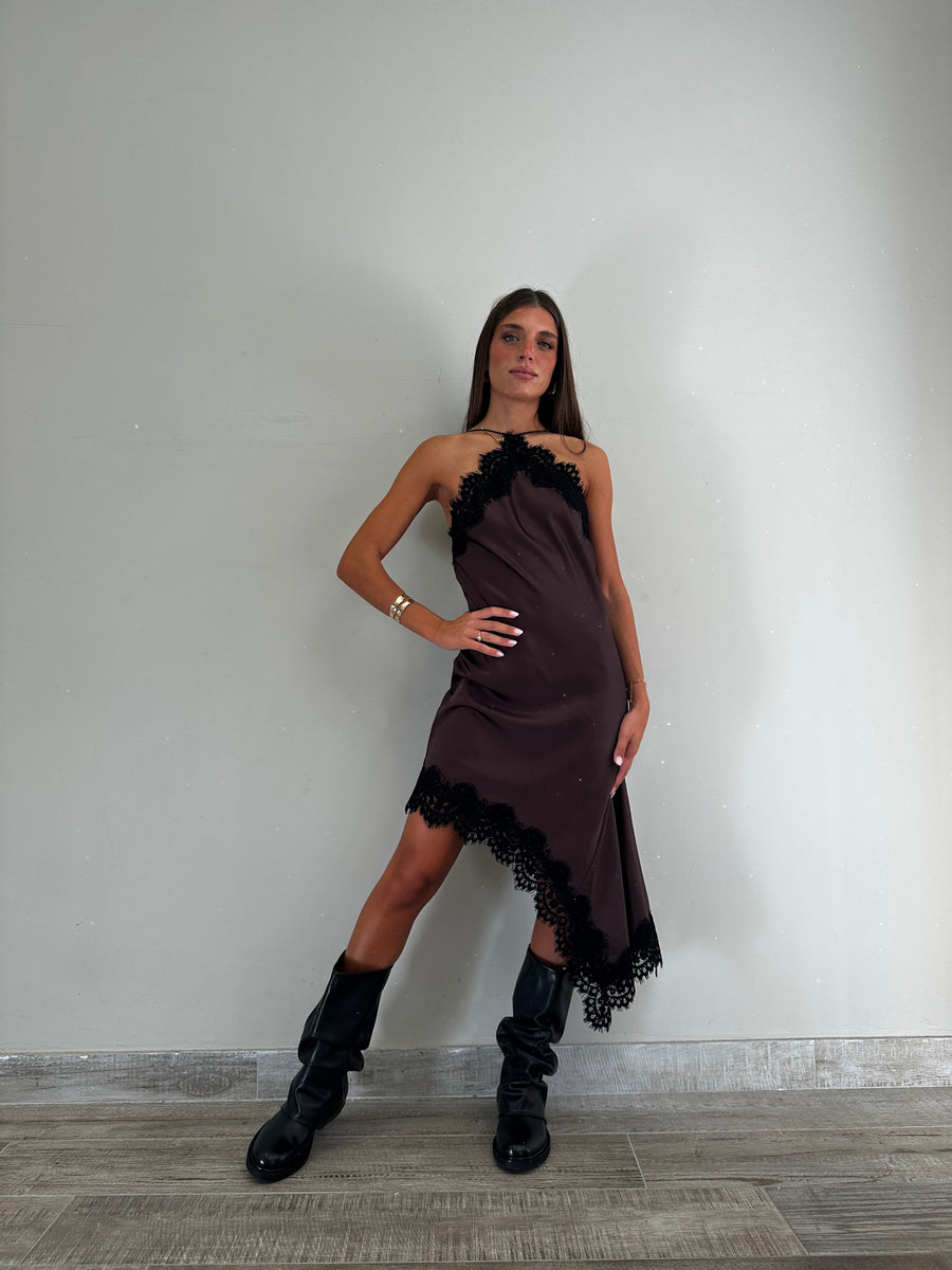 MOTEL abito asimmetrico satin moro+pizzo