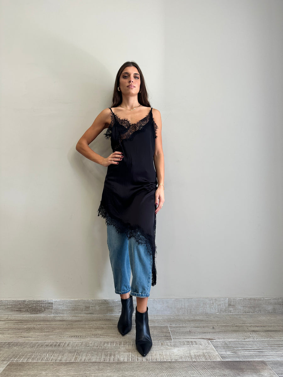 LMN Abito asimmetrico satin e pizzo nero