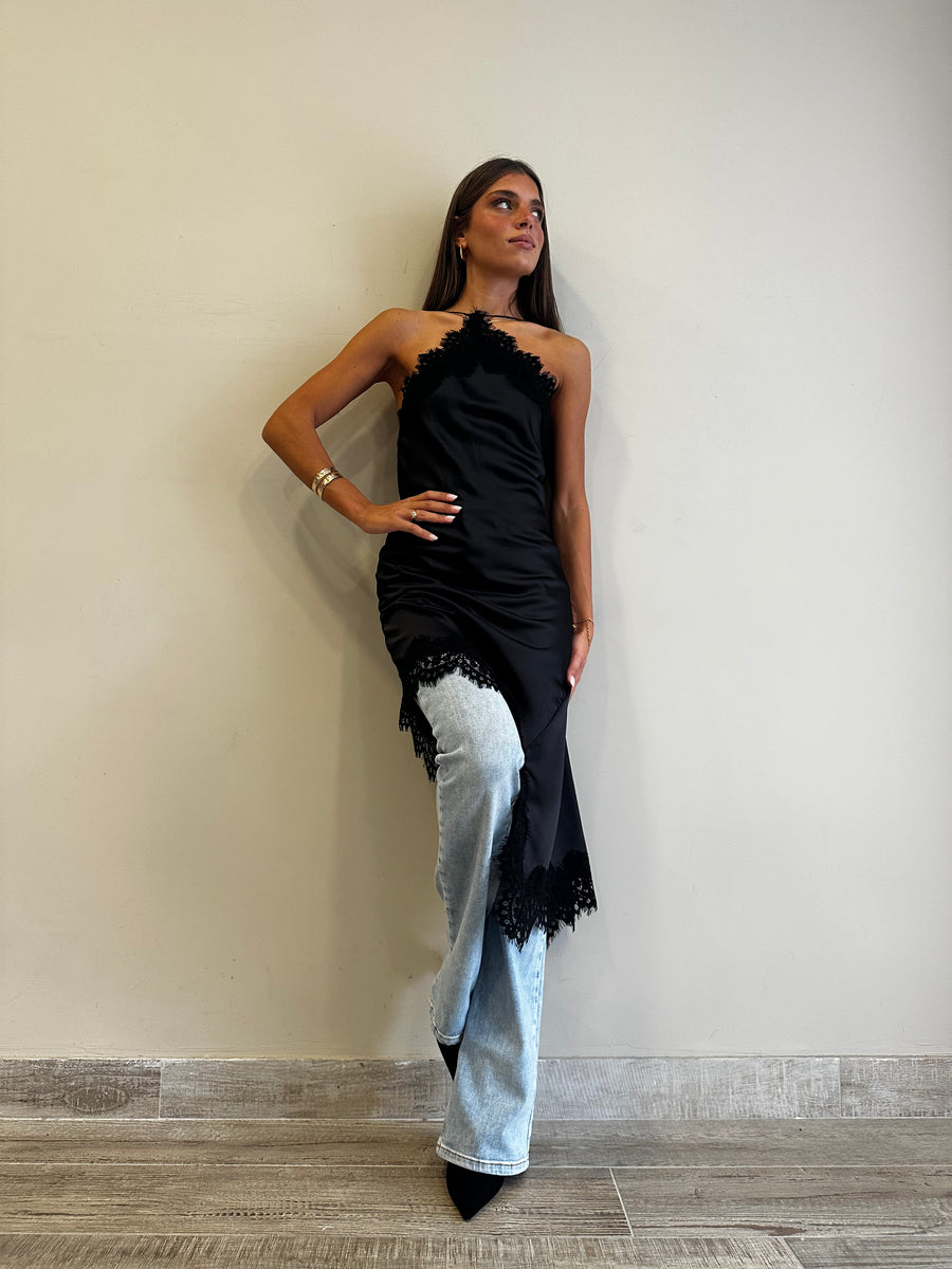 MOTEL Abito asimmetrico satin nero+pizzo
