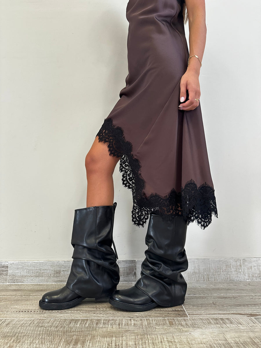 MOTEL abito asimmetrico satin moro+pizzo