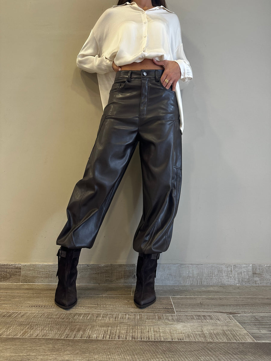 LMN Pantalone barrel ecopelle moro