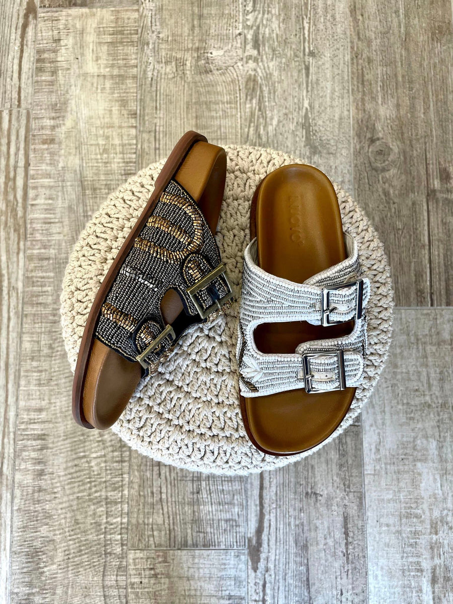 LC Sandalo fussbett pelle ricami bianco