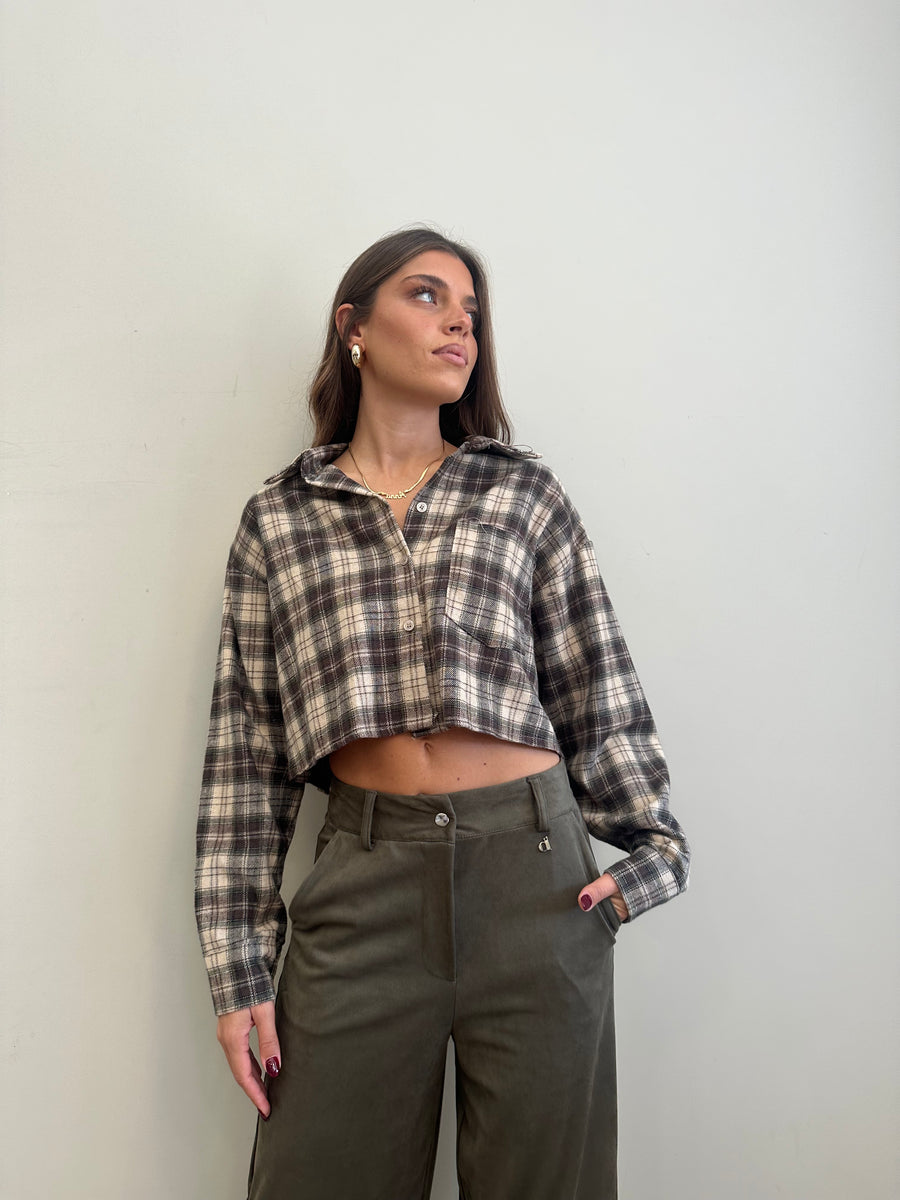 GIPSY INSIDE Camicia crop flanella quadri verde militare/panna/moro