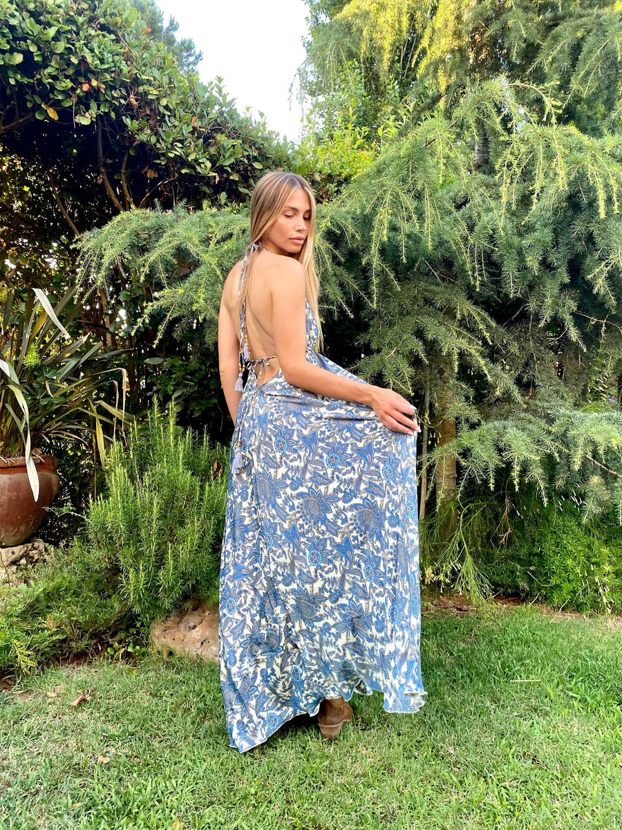 FREELOVE Abito Lungo BEACH LONG Seta Hibiscus Blu