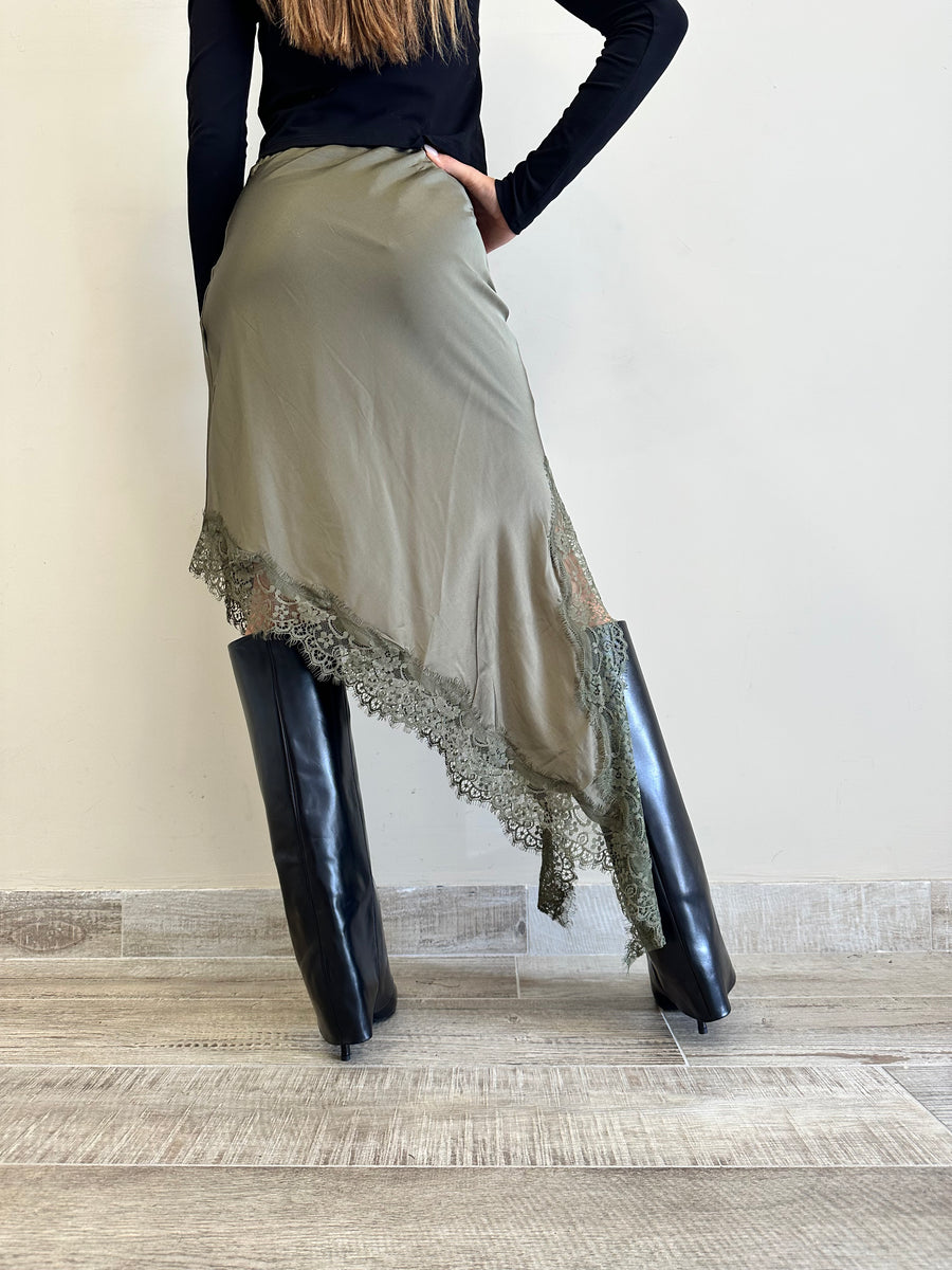 LMN gonna asimmetrica satin verde militare+pizzo