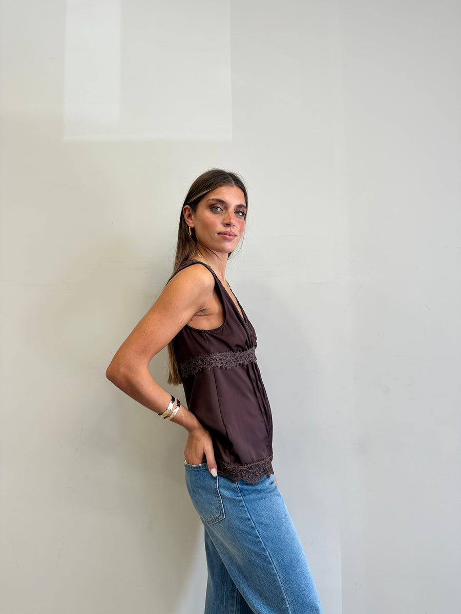 MOTEL Top satin pizzo moro