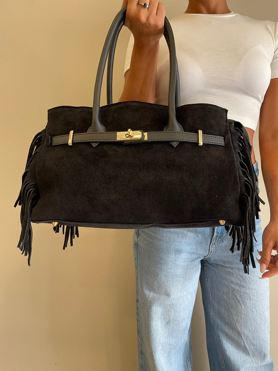 GIPSY INSIDE Maxi bag camoscio nero frange