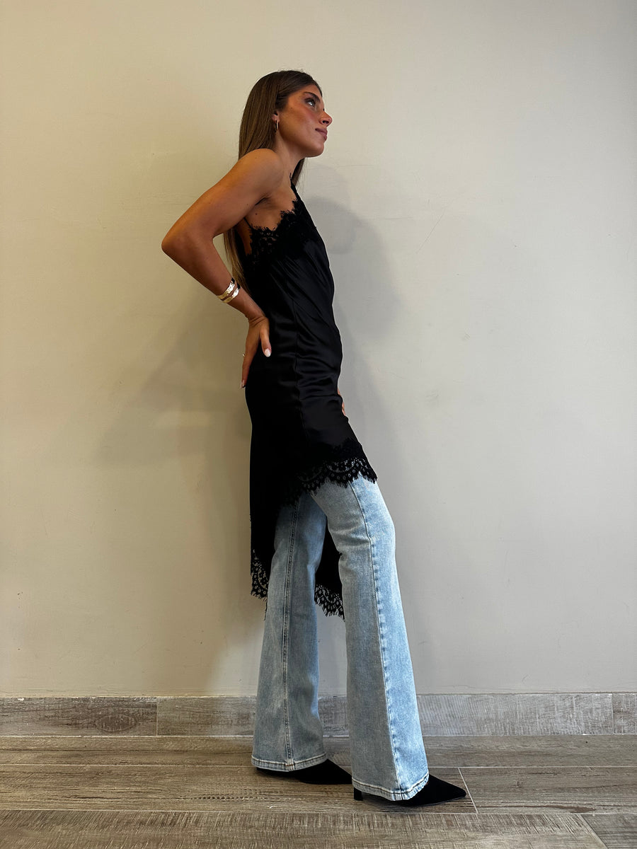 MOTEL Abito asimmetrico satin nero+pizzo