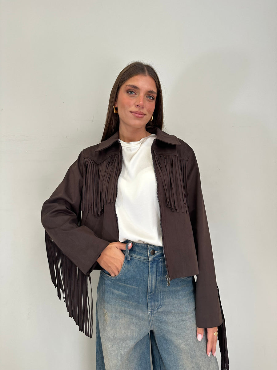 LMN Giacca eco daino moro frange