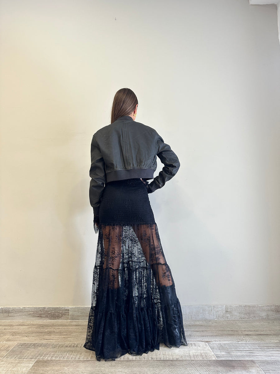 GIPSY INSIDE Bomber crop nero effetto invecchiato