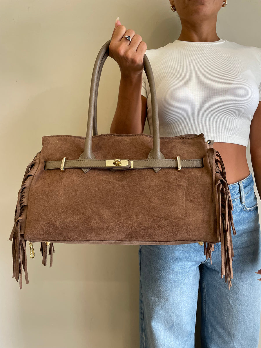GIPSY INSIDE Maxi bag camoscio frange tortora