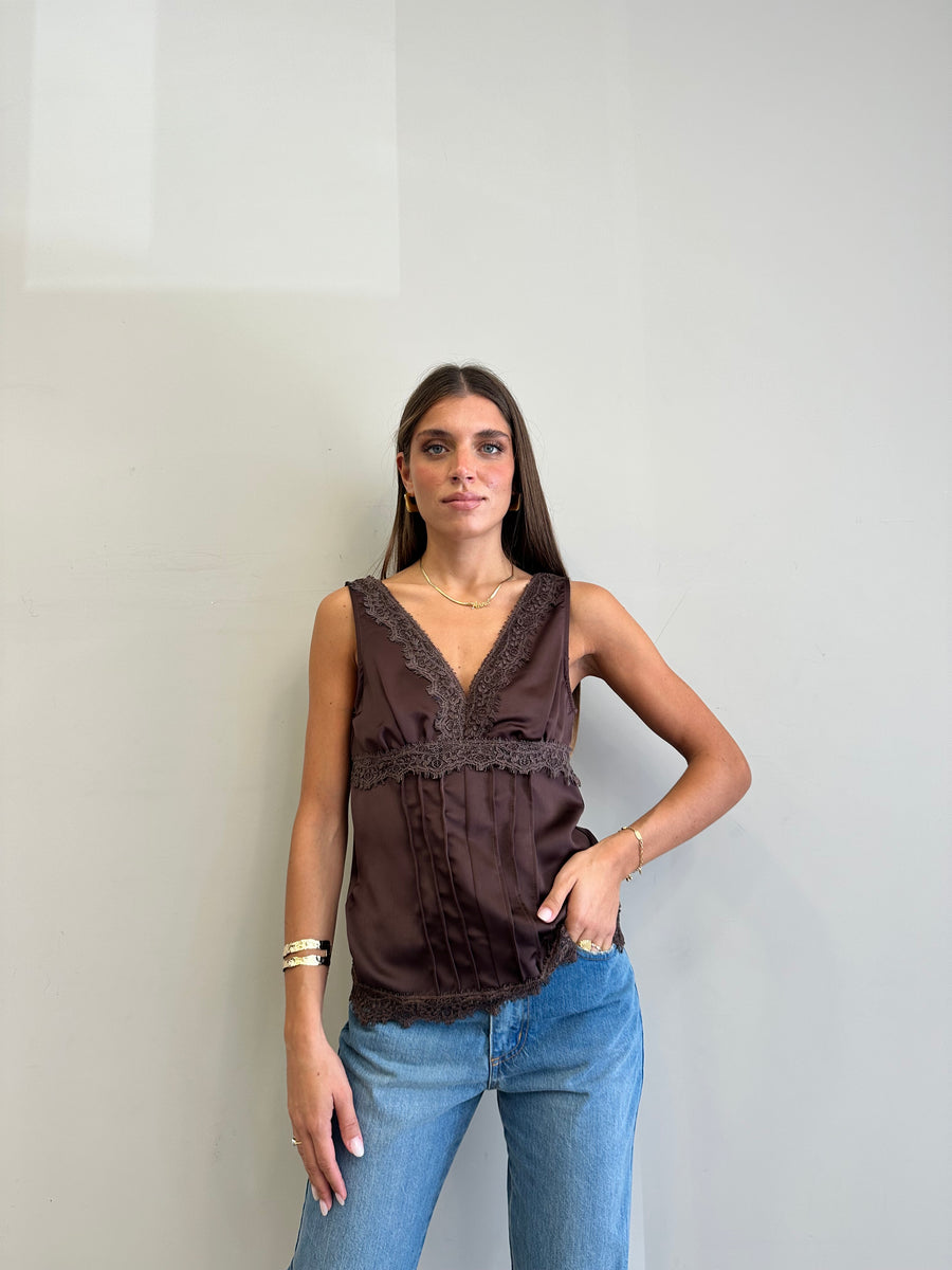 MOTEL Top satin pizzo moro