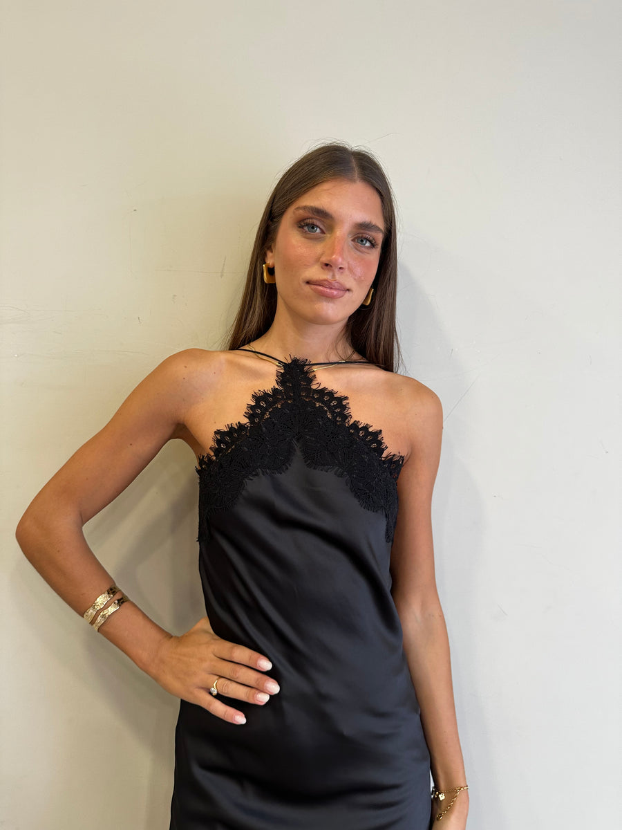 MOTEL Abito asimmetrico satin nero+pizzo