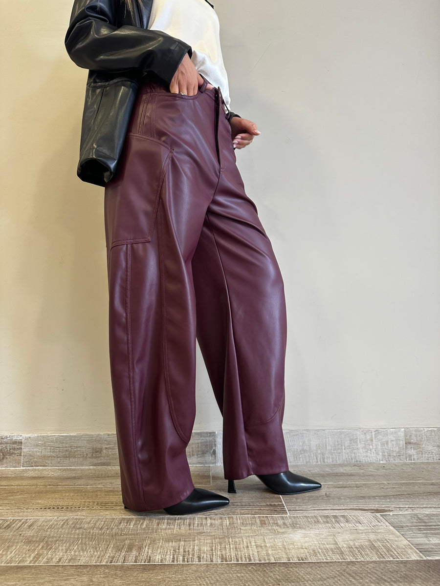 LMN Pantalone barrel ecopelle bordeaux