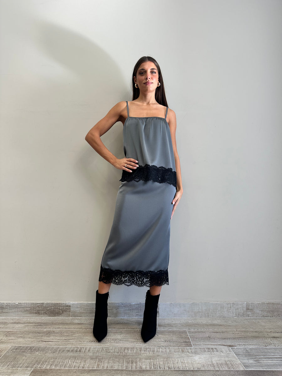 DIXIE Gonna satin grigio+ pizzo nero