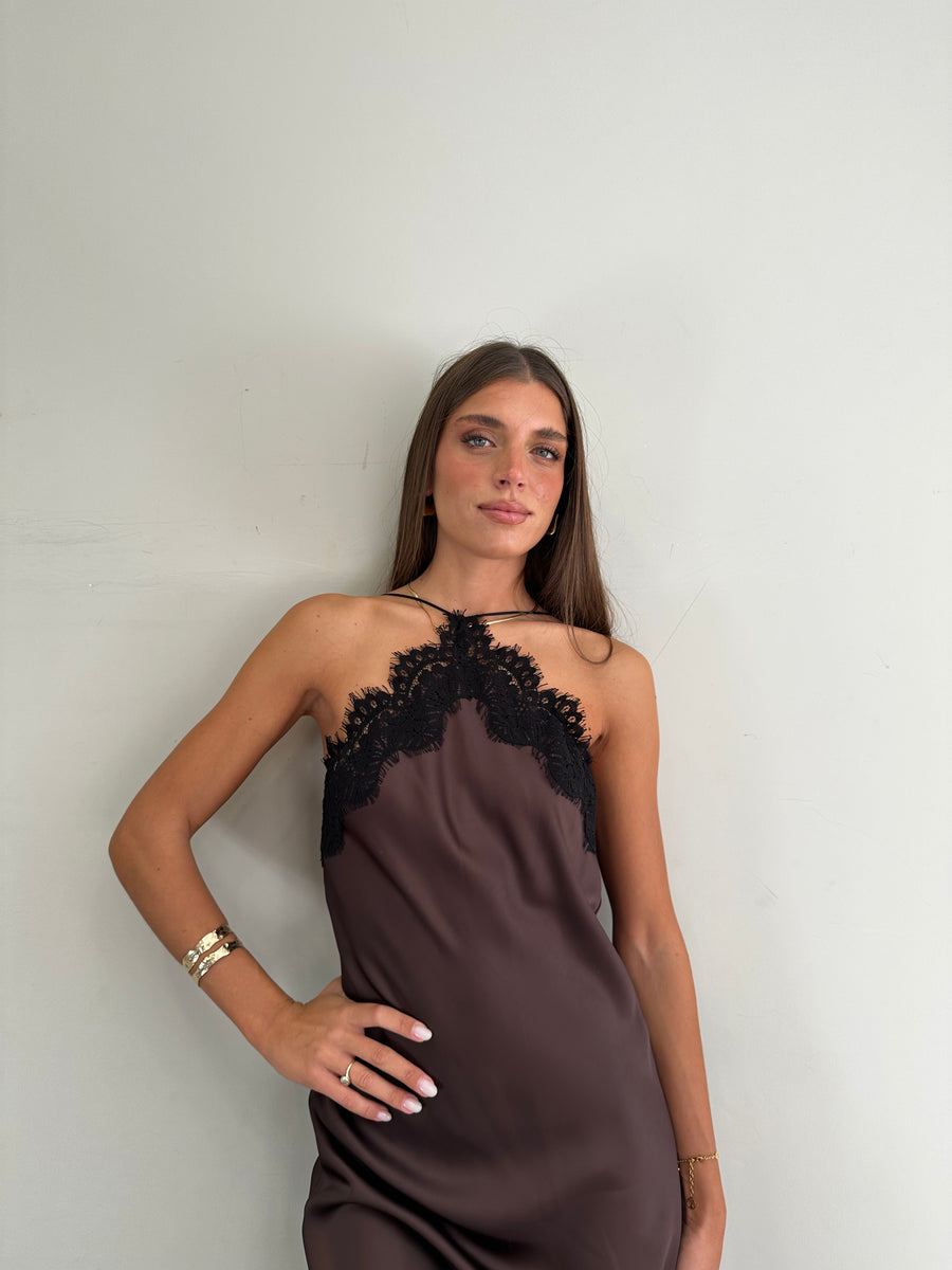 MOTEL abito asimmetrico satin moro+pizzo