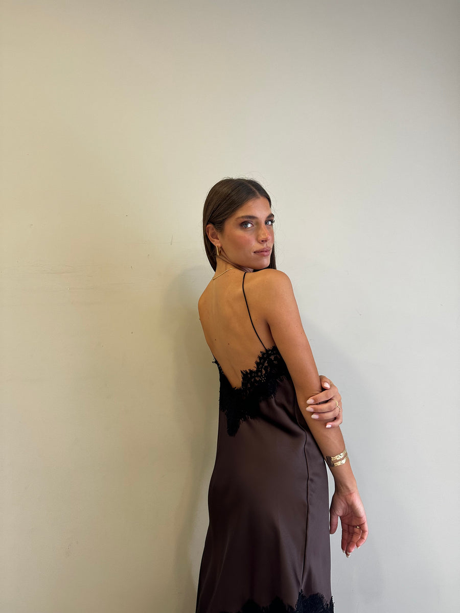 MOTEL abito asimmetrico satin moro+pizzo