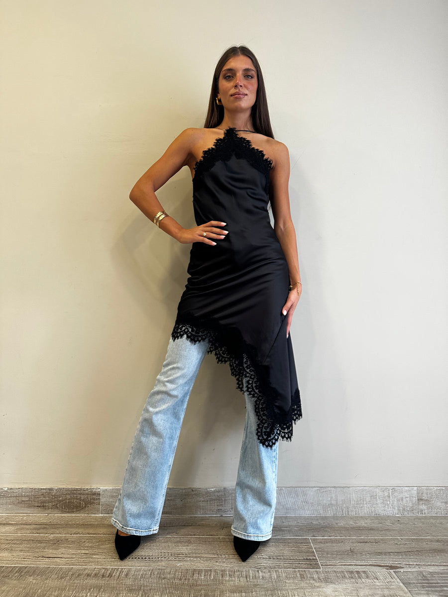 MOTEL Abito asimmetrico satin nero+pizzo