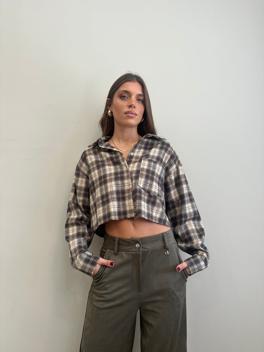 GIPSY INSIDE Camicia crop flanella quadri verde militare/panna/moro