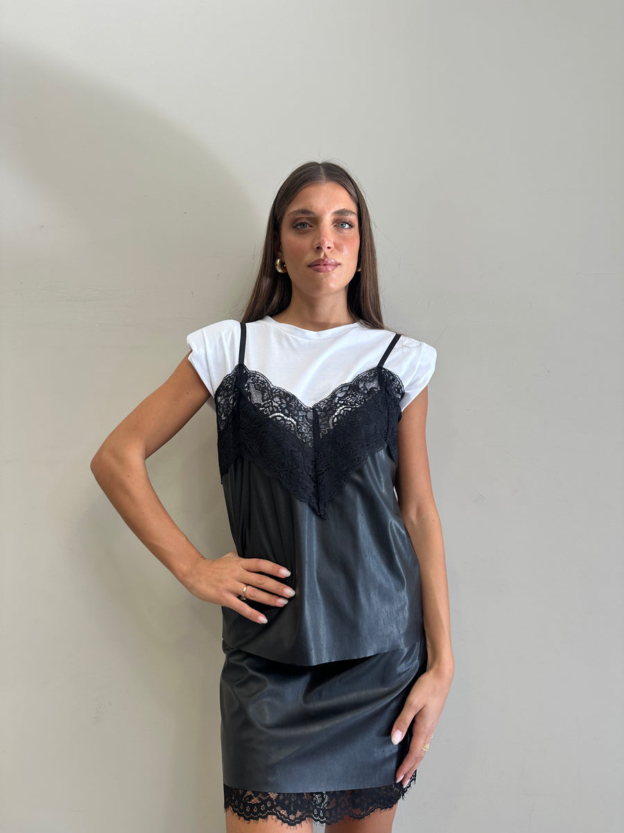 DIXIE Top ecopelle pizzo nero e t-shirt bianca