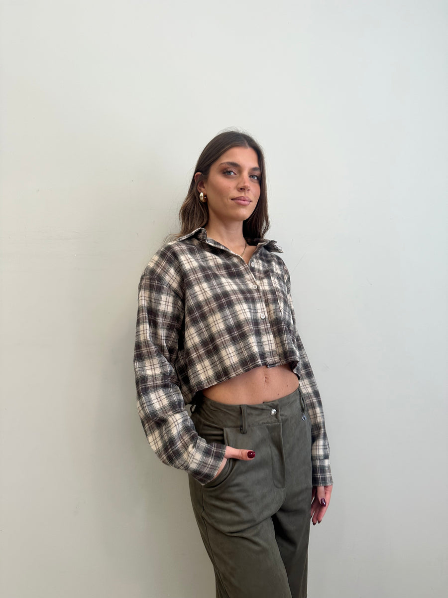 GIPSY INSIDE Camicia crop flanella quadri verde militare/panna/moro