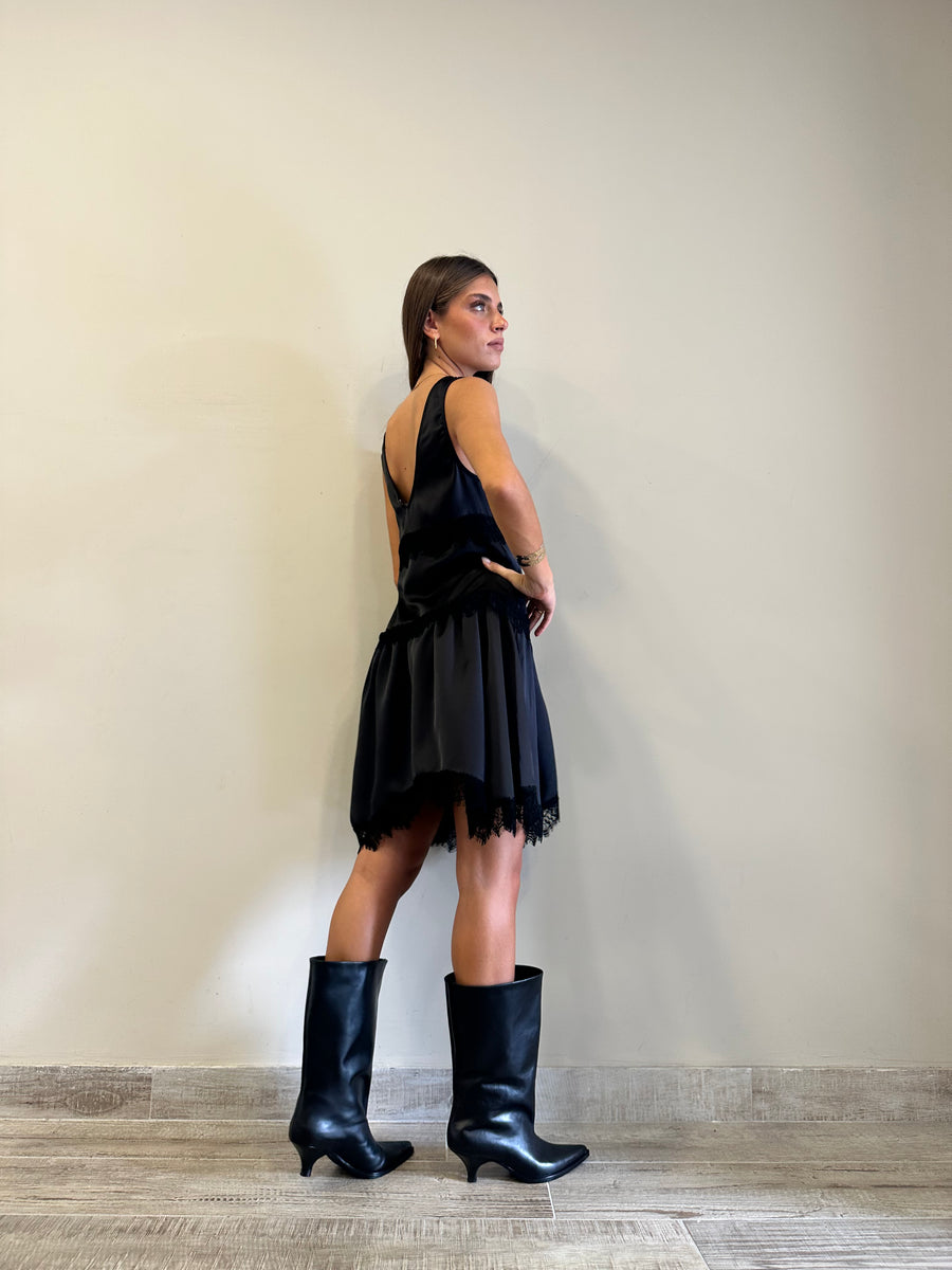 MOTEL Abito satin pizzo nero