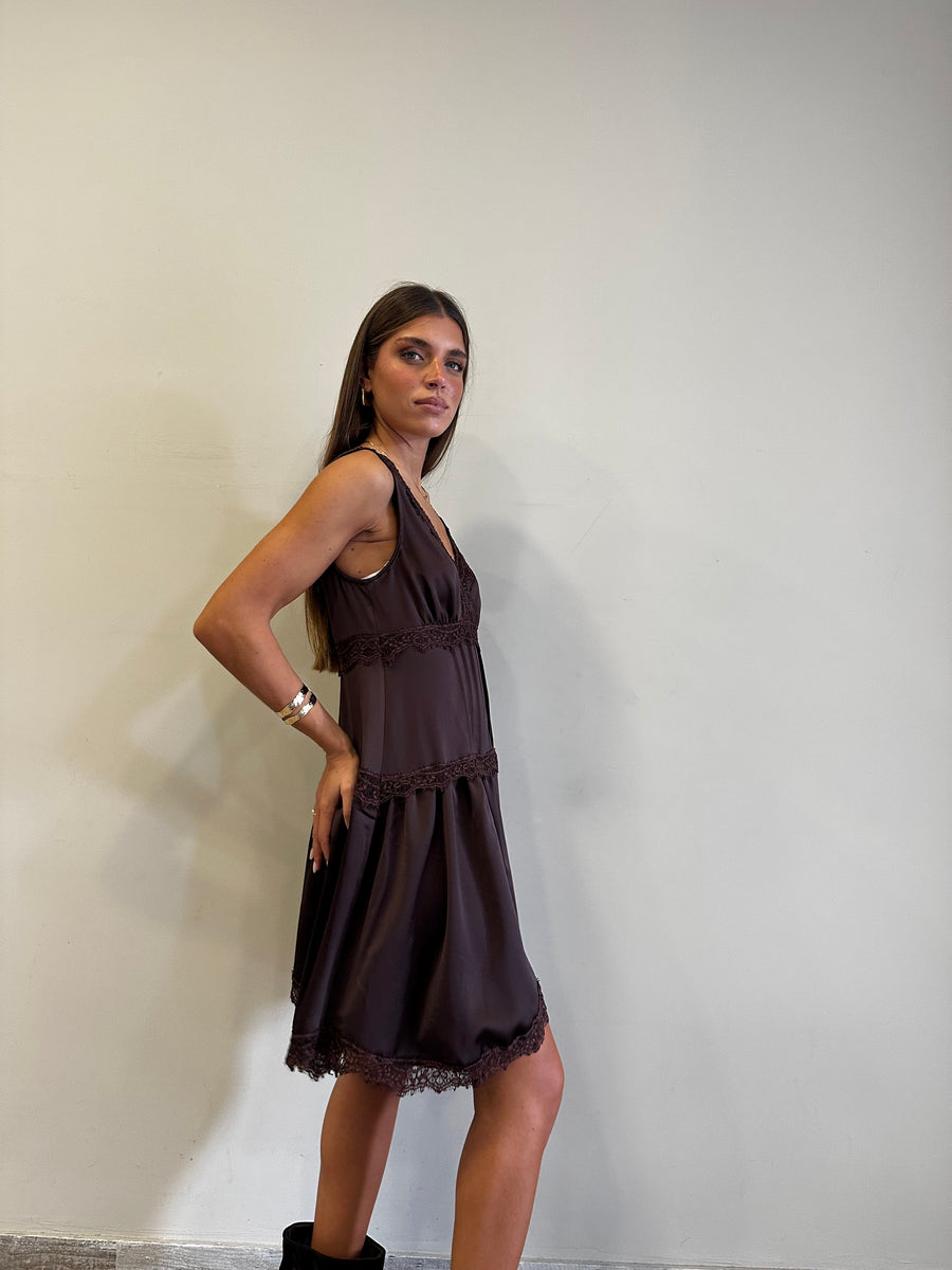 MOTEL Abito satin pizzo moro