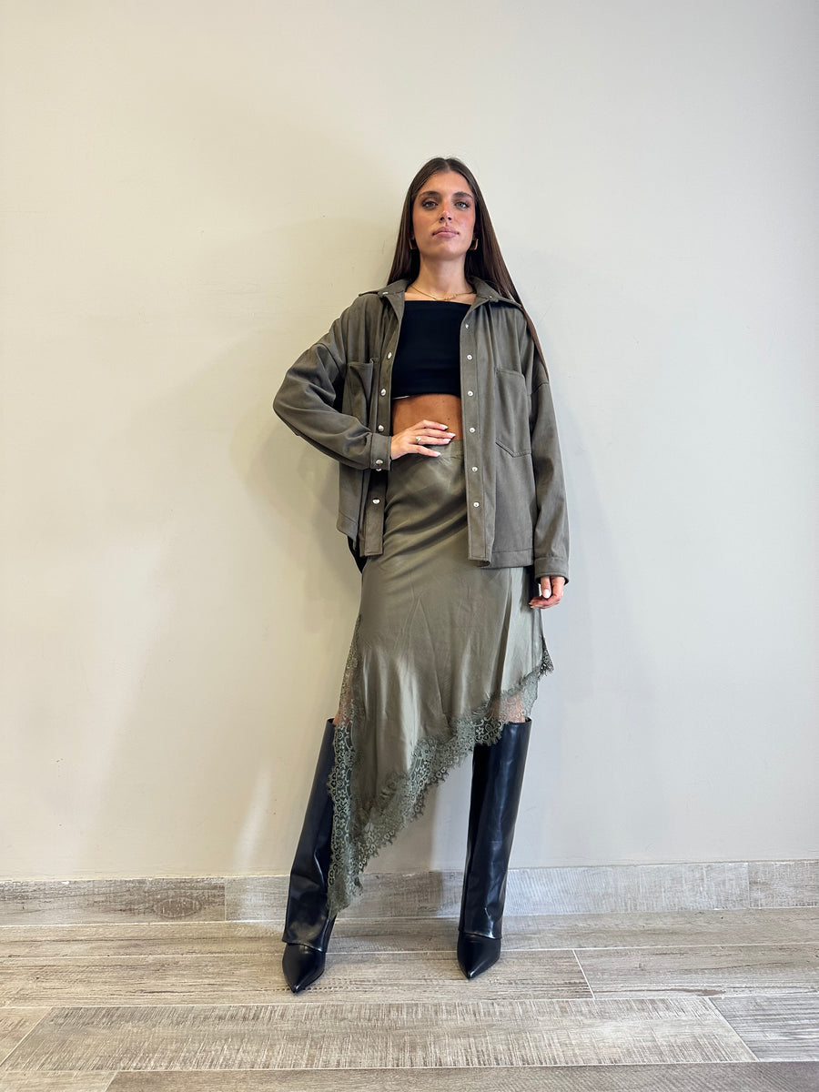 LMN gonna asimmetrica satin verde militare+pizzo