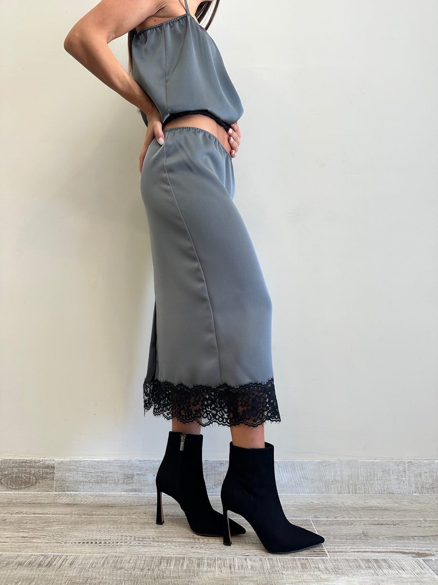 DIXIE Gonna satin grigio+ pizzo nero