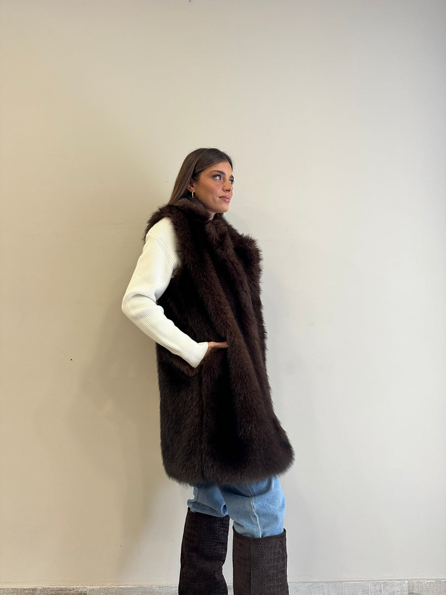LE STREGHE Gilet lungo eco pelliccia moro