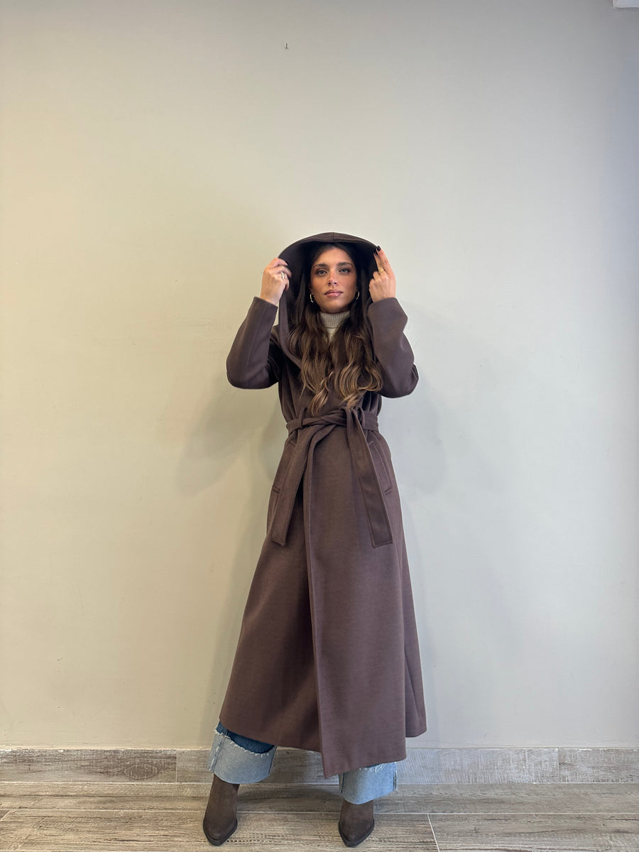 DIXIE Cappotto cappuccio cinta cioccolato