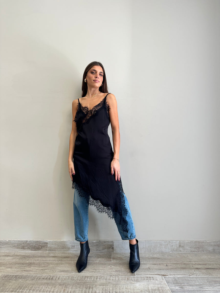 LMN Abito asimmetrico satin e pizzo nero