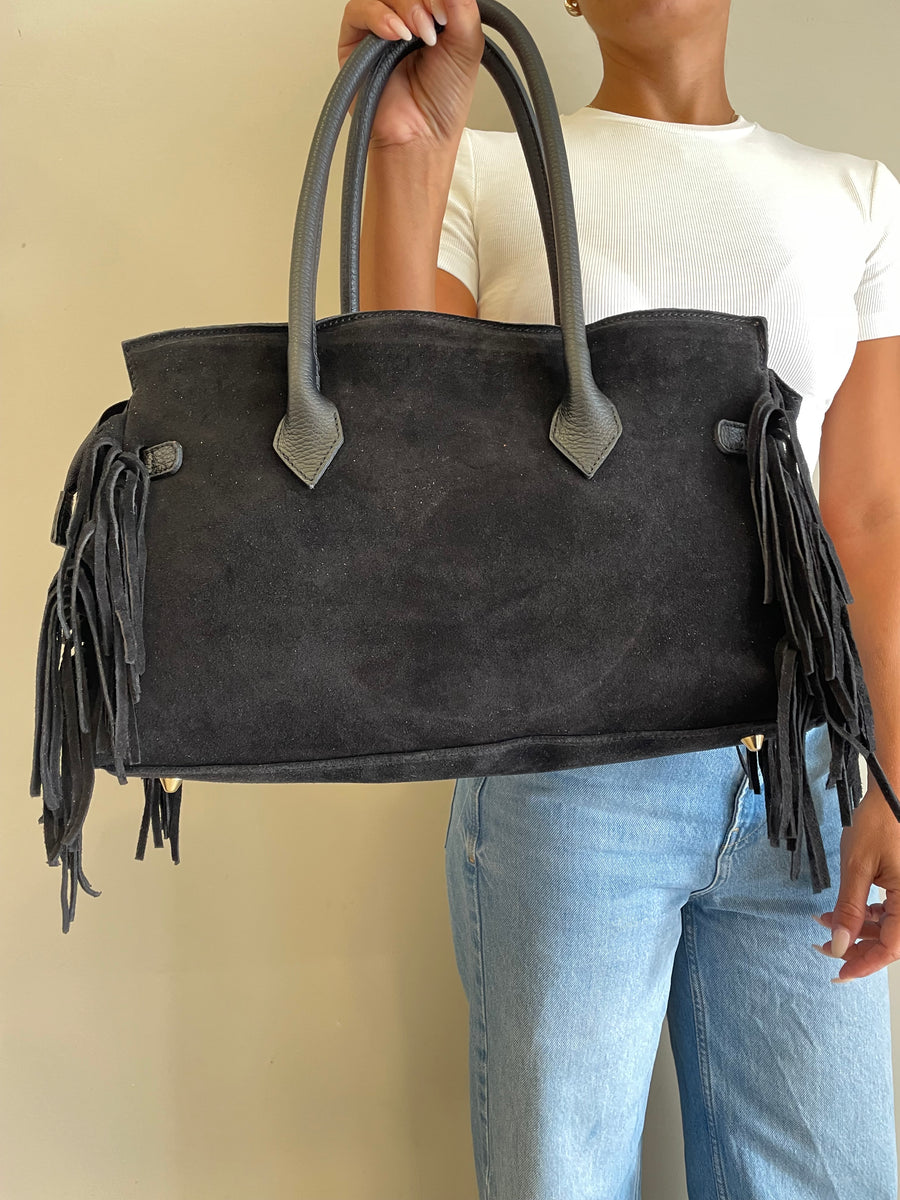 GIPSY INSIDE Maxi bag camoscio nero frange